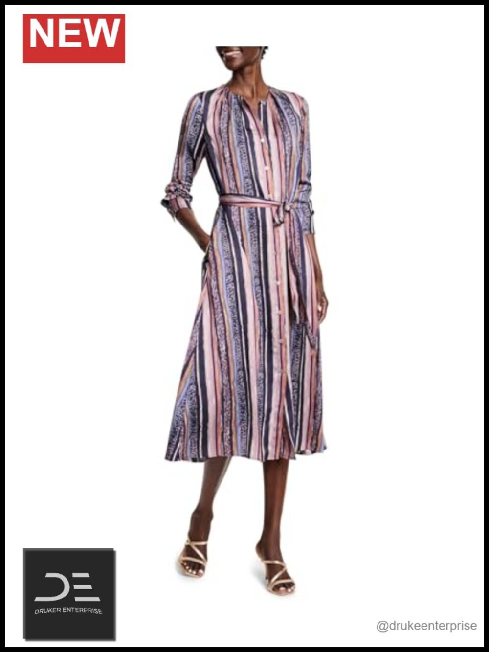 Women's Striped A-Line Shirt Dress with Belt